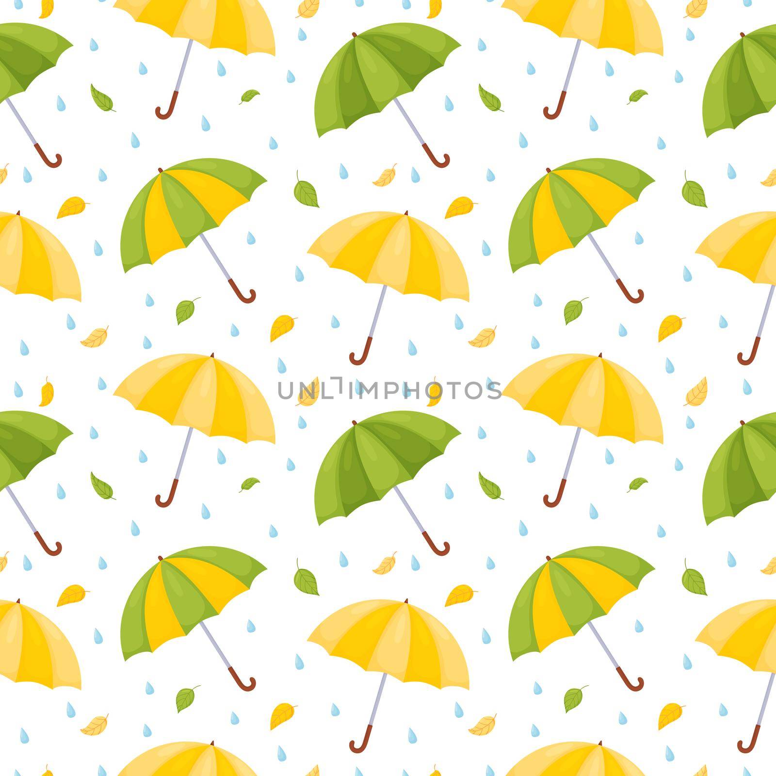Seamless pattern with multicolored umbrellas, raindrops and falling leaves. by Lena_Khmelniuk