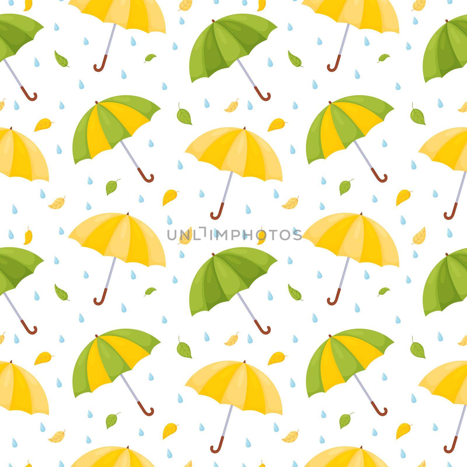 Seamless pattern with multicolored umbrellas, raindrops and falling leaves. Vector illustration on white background