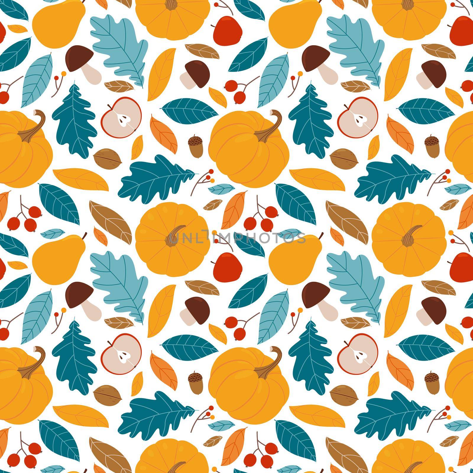 Autumnal seamless pattern with various pumpkins, leaves, pears, apples, berries and mushrooms. by Lena_Khmelniuk