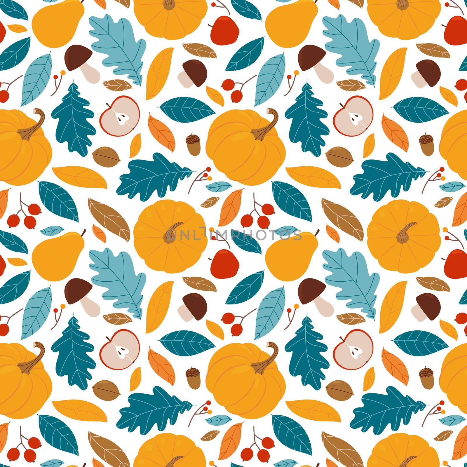 Autumnal seamless pattern with various pumpkin leaves, pears, apples, berries and mushrooms. Vector illustration on a white background.