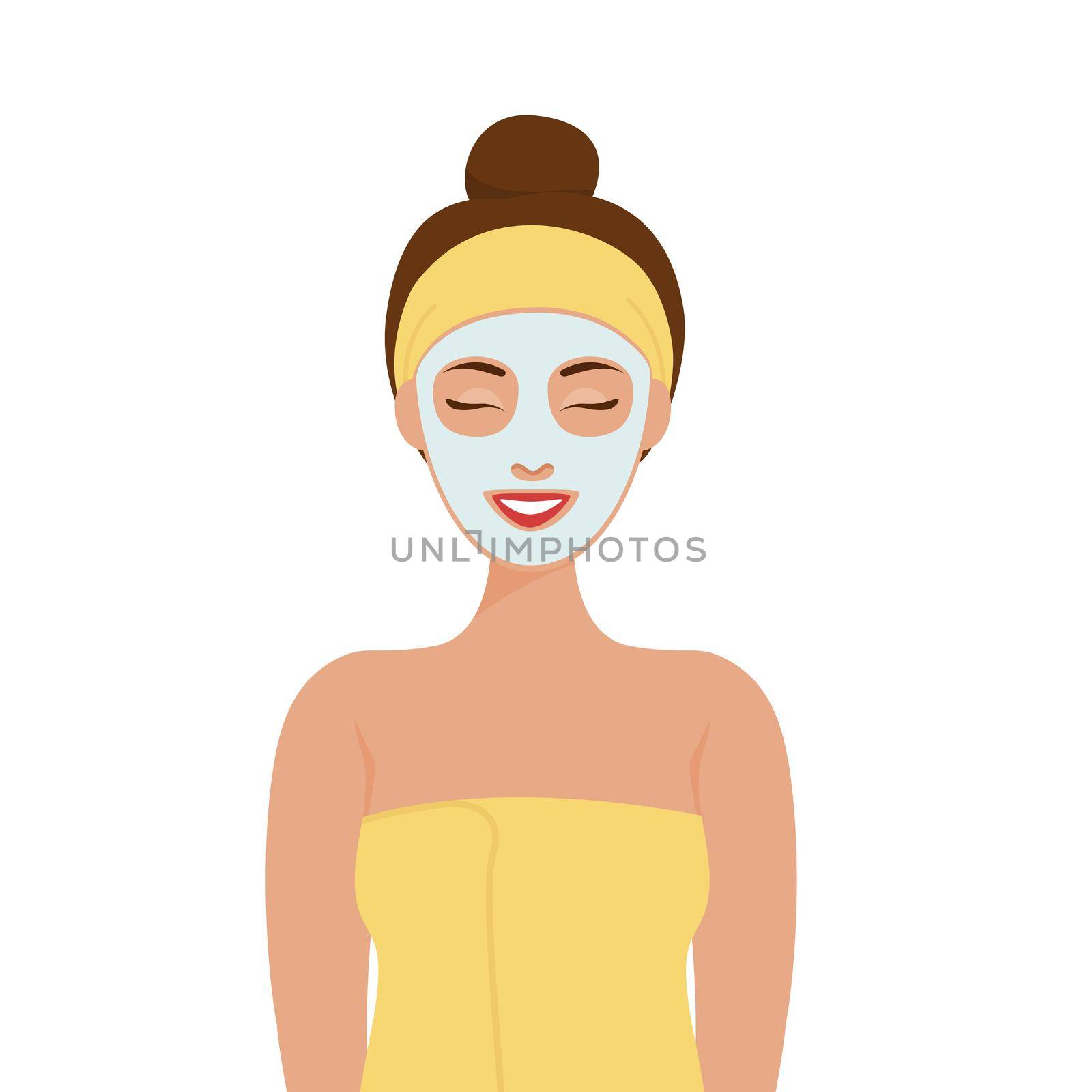 Woman with a cosmetic mask on her face. Quarantine. Beauty and Health, mental health. Personal home care. Vector illustration isolated on a white background.