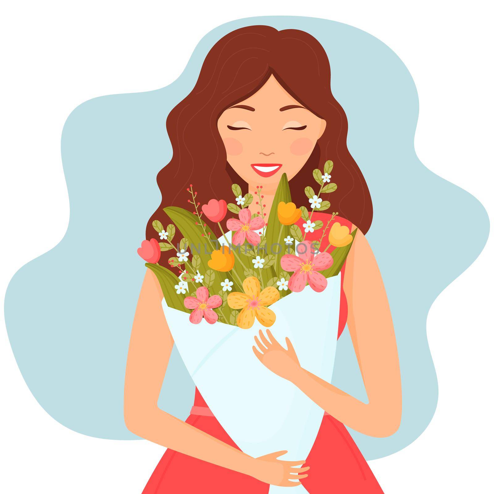 happy girl with a bouquet of flowers vector flat illustration on a white background by Lena_Khmelniuk