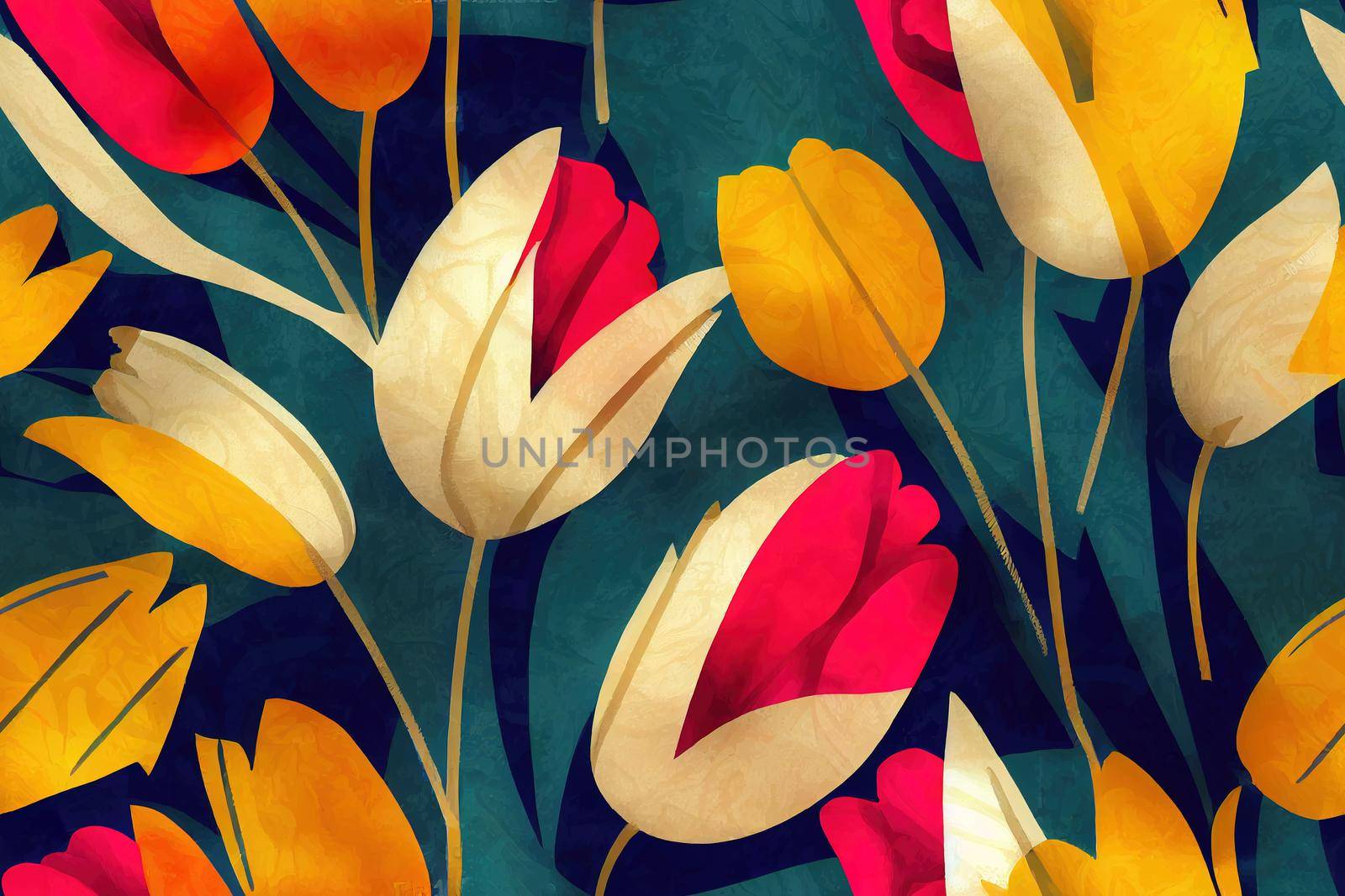 Abstract Hand Drawing Tulips and Leaves with Marbling Batik Texture Seamless Pattern Isolated Background