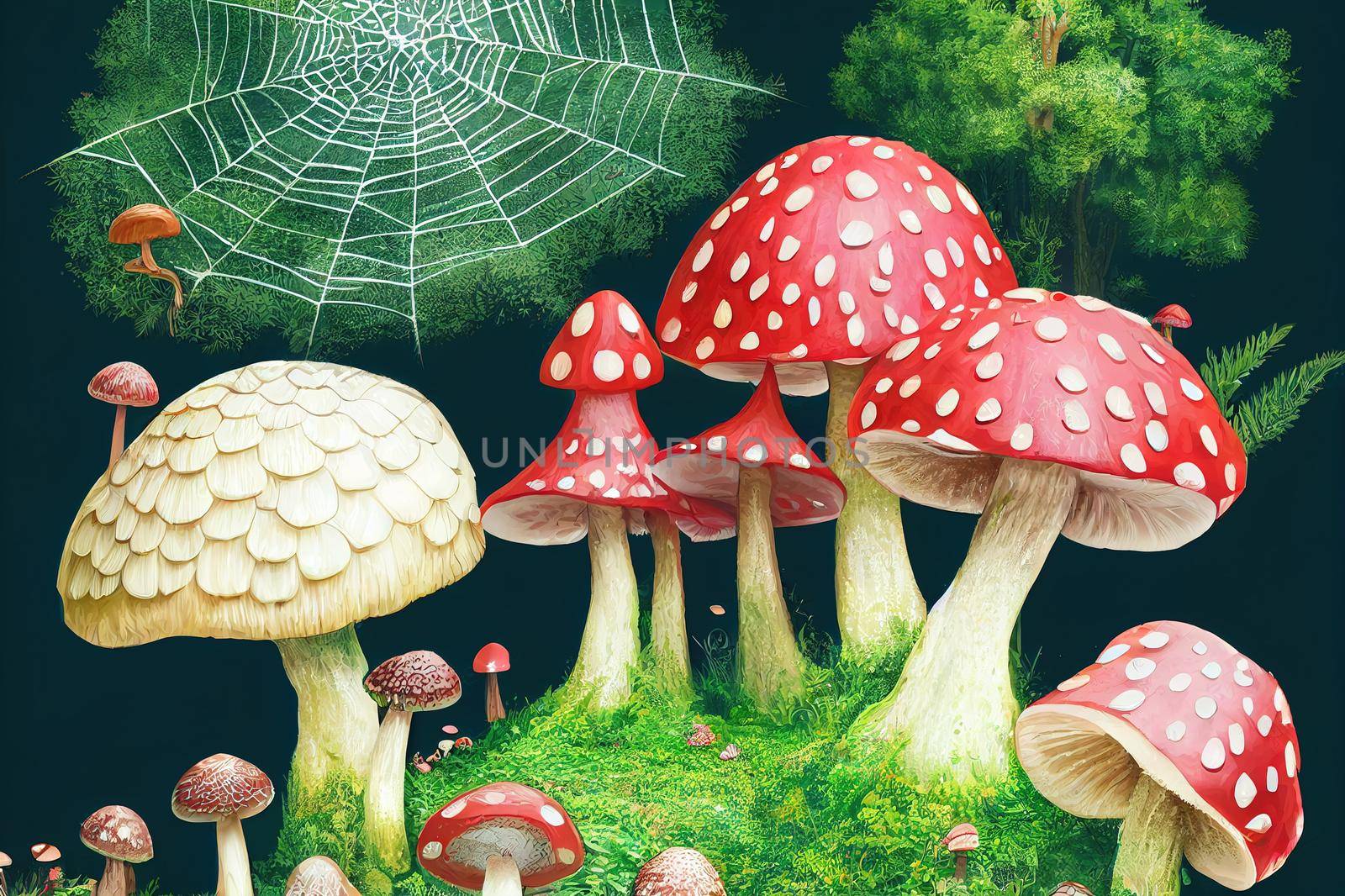 A magical forest, garden landscape with a cute fantasy mushroom house, a spider web with a spider, leaves and plants