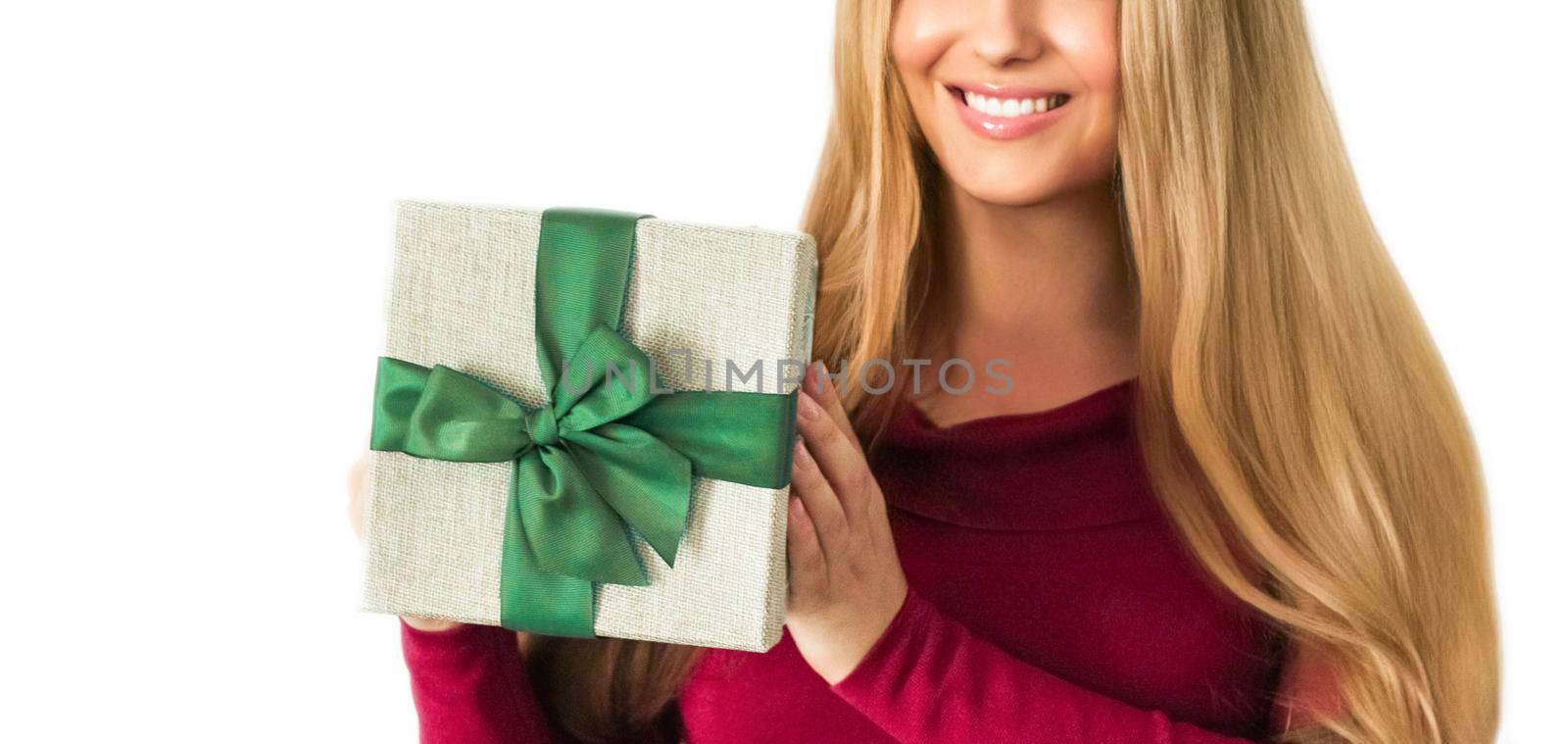 Birthday, Christmas or holiday present, happy woman holding a green gift or luxury beauty box subscription delivery isolated on white background by Anneleven