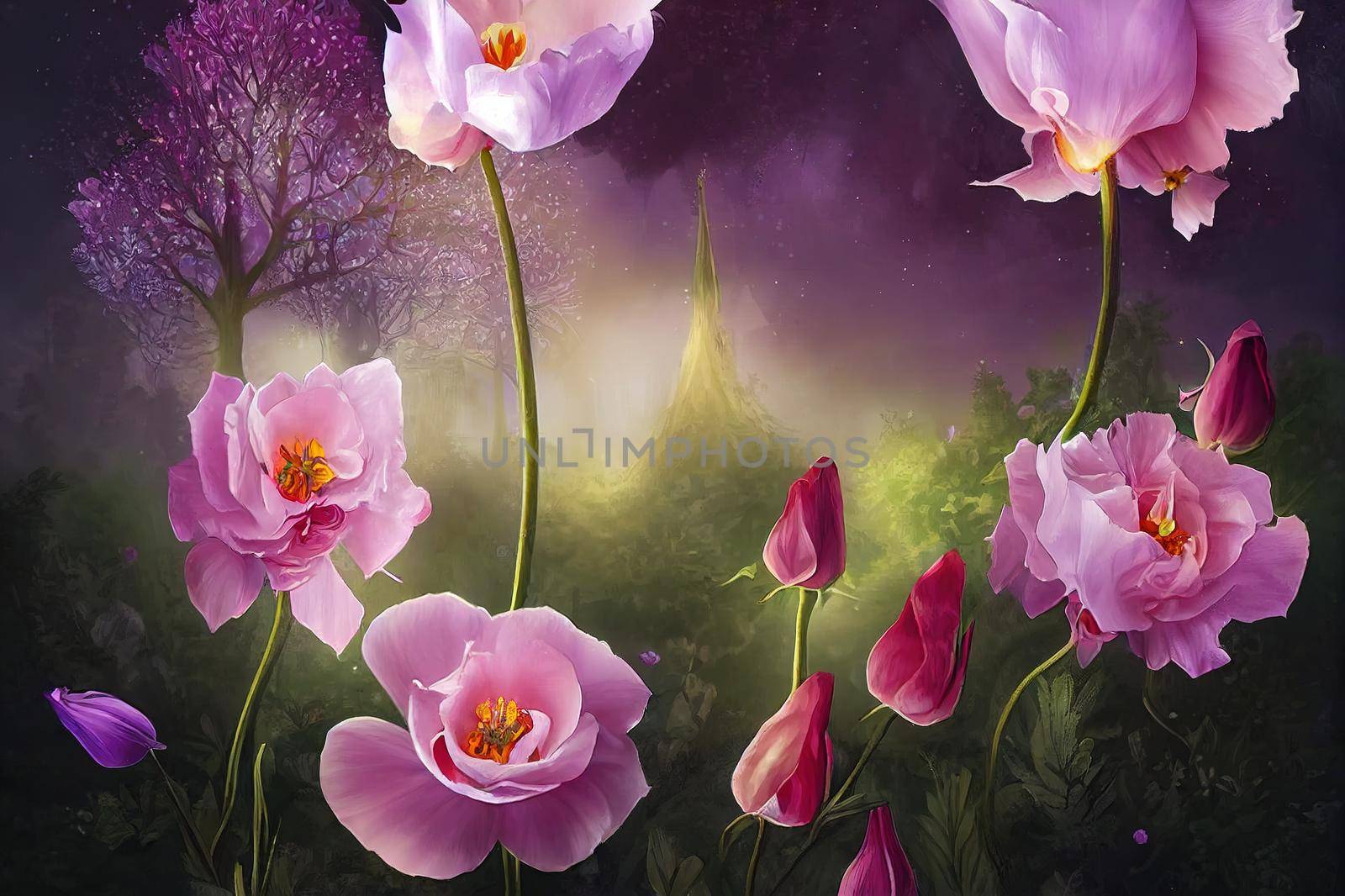 Fantasy Eustoma flowers garden in enchanted fairy tale dreamy elven forest with fabulous fairytale blooming tender roses in magical evening dusk, on mysterious dark floral background with moon rays.