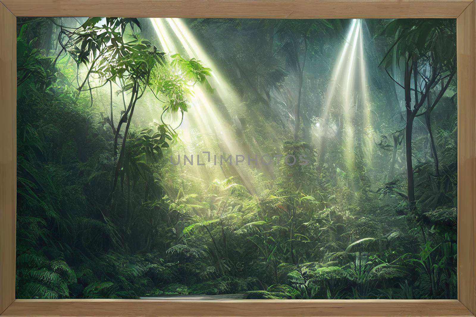 Misty jungle nature frame 3D illustration of mysterious rainforest background with light rays shining through forest canopy framing copy space