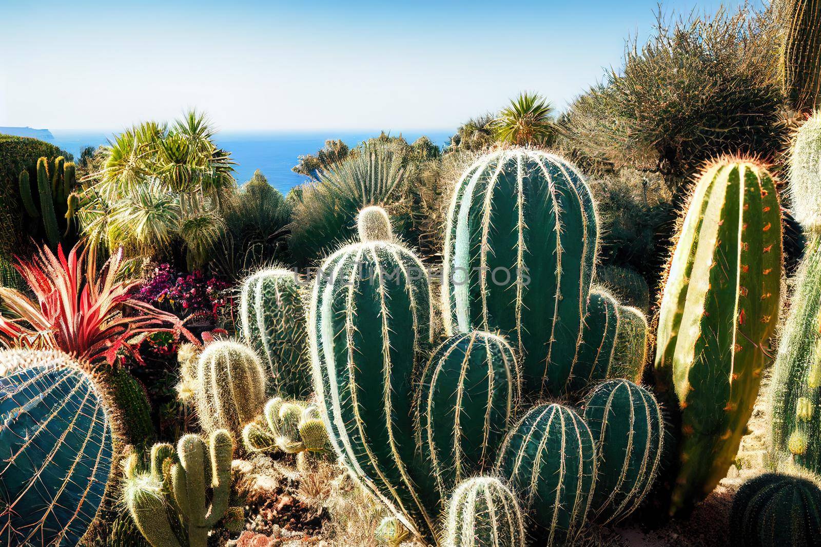 Cactus inside Exotic Garden at medival Eze village. Background is view of the Mediterranean coastline French Riviera coast, Cote d'Azur, France during winter season.