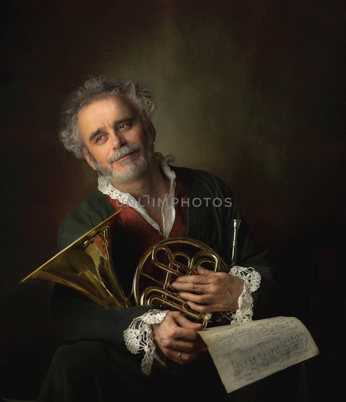 portrait person french horn Homage to a painting by Louis Gabriel Blanchet horn ancient musical metal instrument popular classical brass music instrument beloved children adults amateurs professionals by Costin