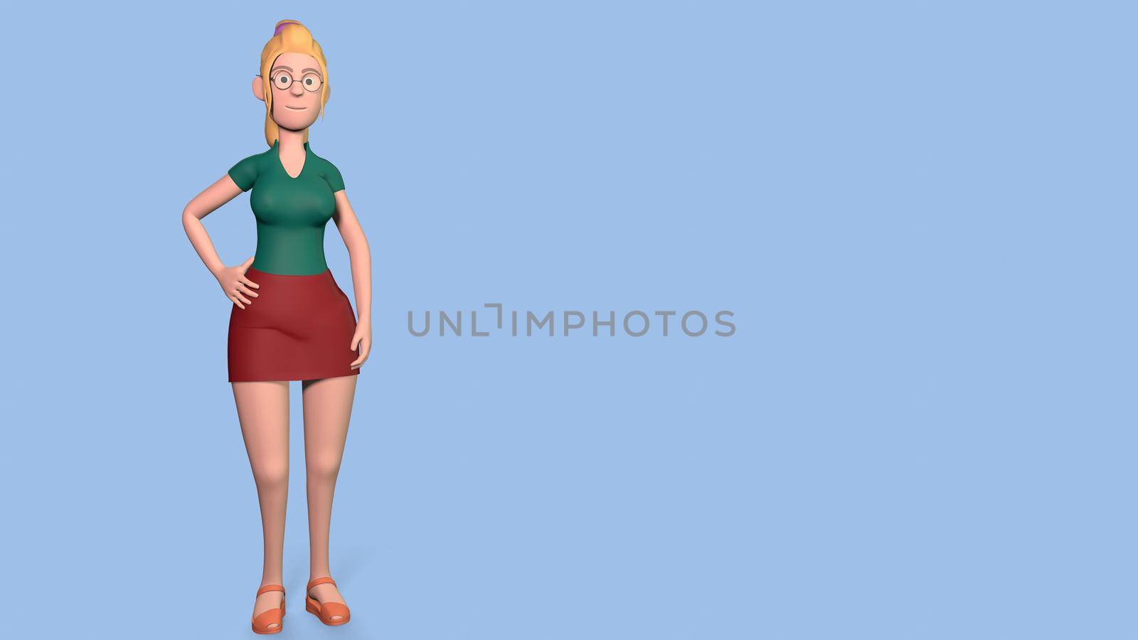 A light-skinned girl in glasses, a red skirt, a green shirt and yellow boots stands relaxed against a blue background. With space for text 3d-rendering.