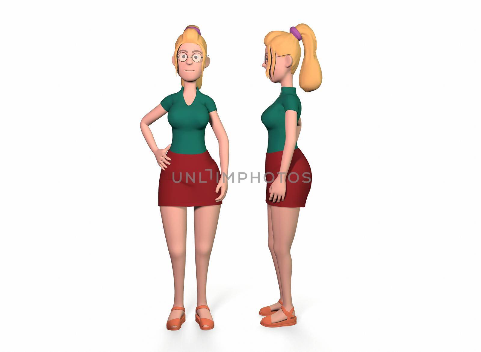 A light-skinned girl in glasses, a red skirt, a green shirt and yellow boots stands relaxed against a white background 3d-rendering.