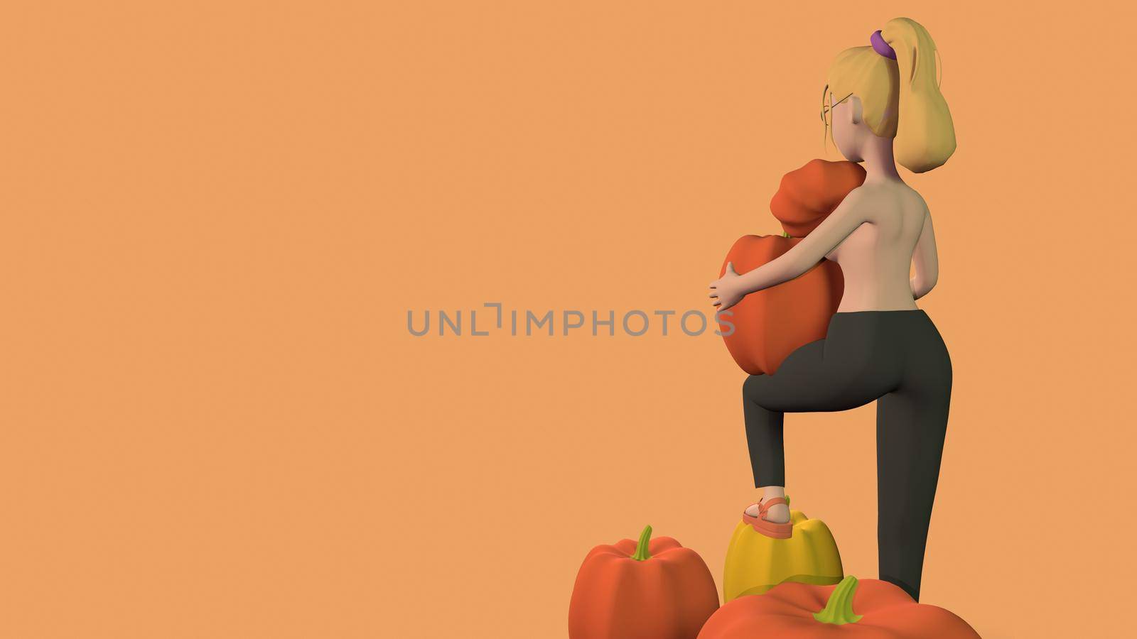 a naked girl in black pants stands with a pumpkin covering her breasts on an orange background. With space for text 3d-rendering.