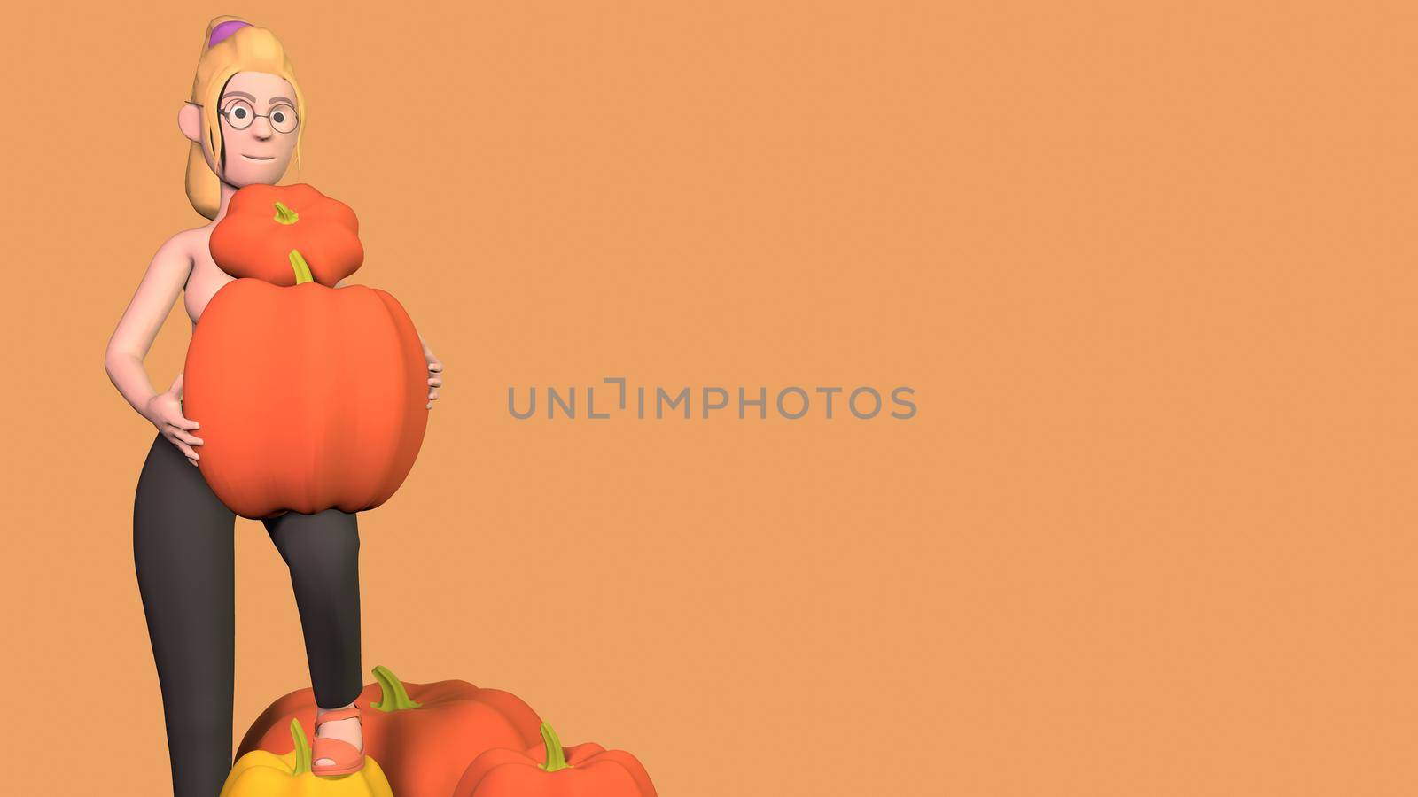 a naked girl in black pants stands with a pumpkin covering her breasts on an orange background. With space for text 3d-rendering.