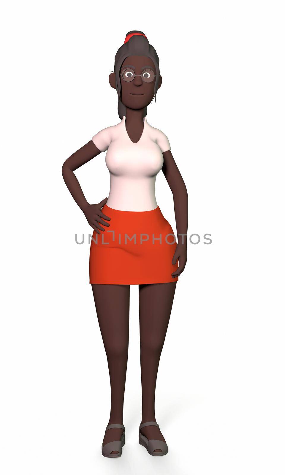 a dark-skinned girl in glasses, a red skirt, a green shirt and yellow shoes stands relaxed on a white background 3d-rendering.