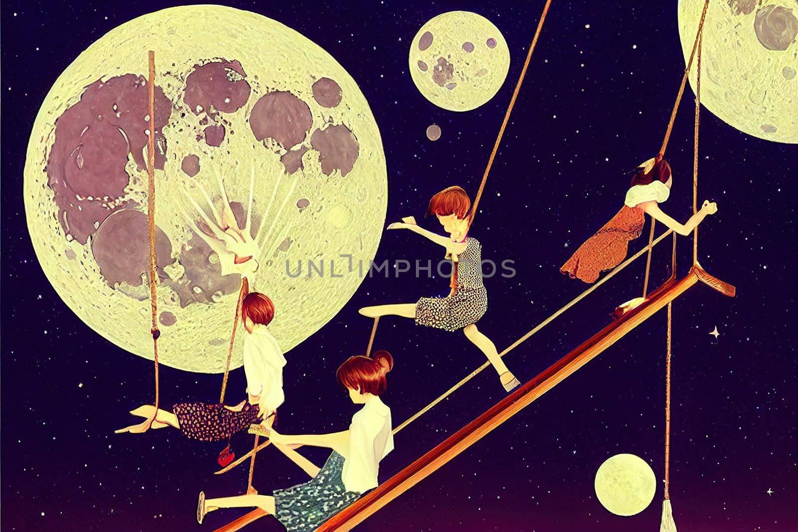 Fantasy moon swing. High quality 2d illustration