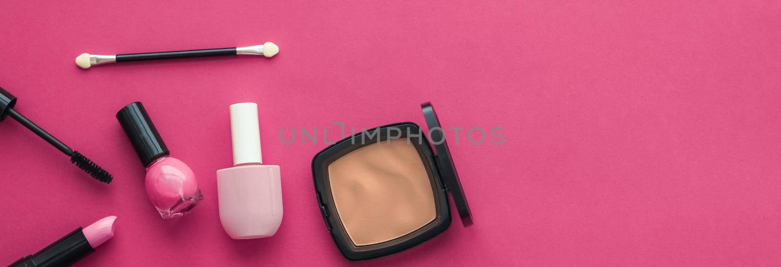 Cosmetic branding, fashion blog cover and girly glamour concept - Make-up and cosmetics product set for beauty brand Christmas sale promotion, luxury pink flatlay background as holiday design