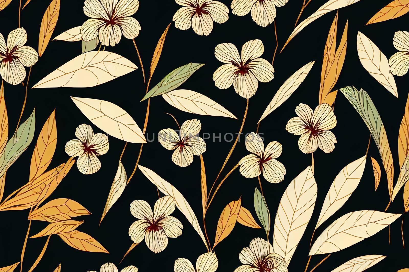 Ethnic exotic tropical vintage flowers and folkloric abstract leaves. Seamless motif pattern illustration. Fabric texture composed by peony ,plants, branches abstract. Black background.