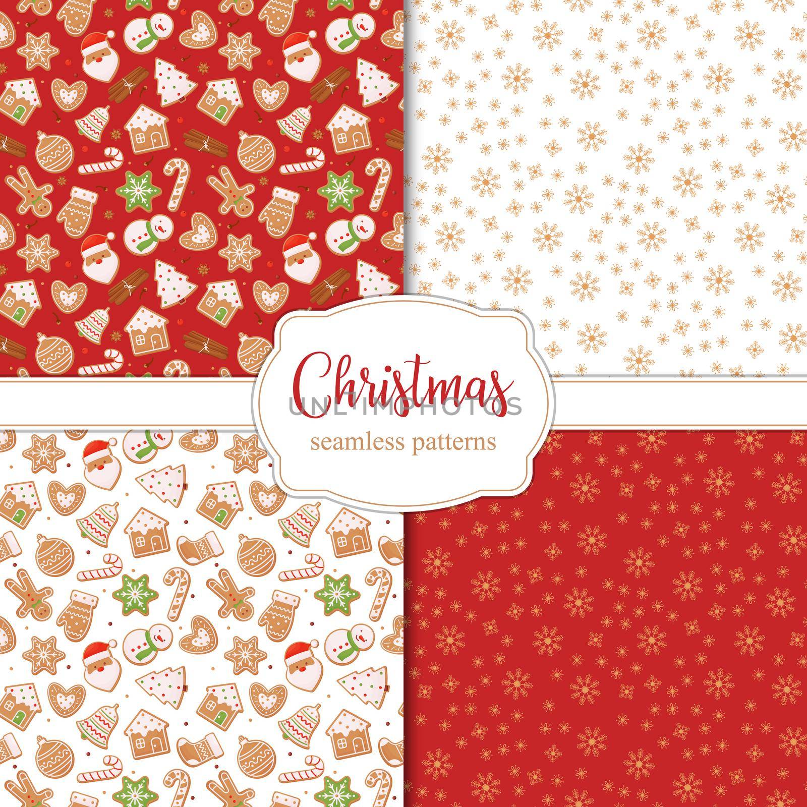 Set of seamless Christmas patterns with snowflakes and different gingerbread cookies on a red and white background. by Lena_Khmelniuk