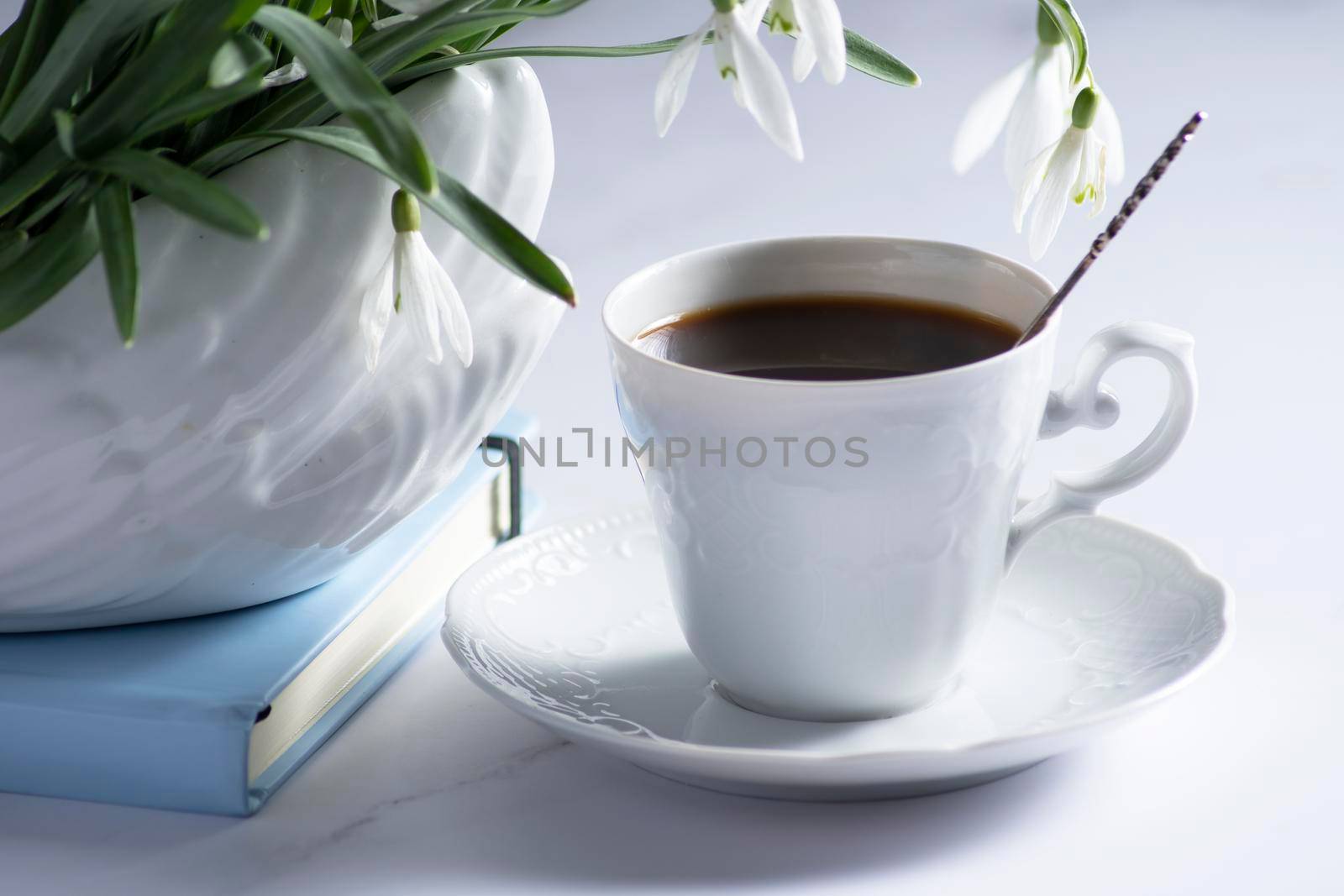 Still life with white snowdrops in a ceramic vase in the form of a swan, coffee in a white cup, conceptual morning ritual whith a book.High quality photo