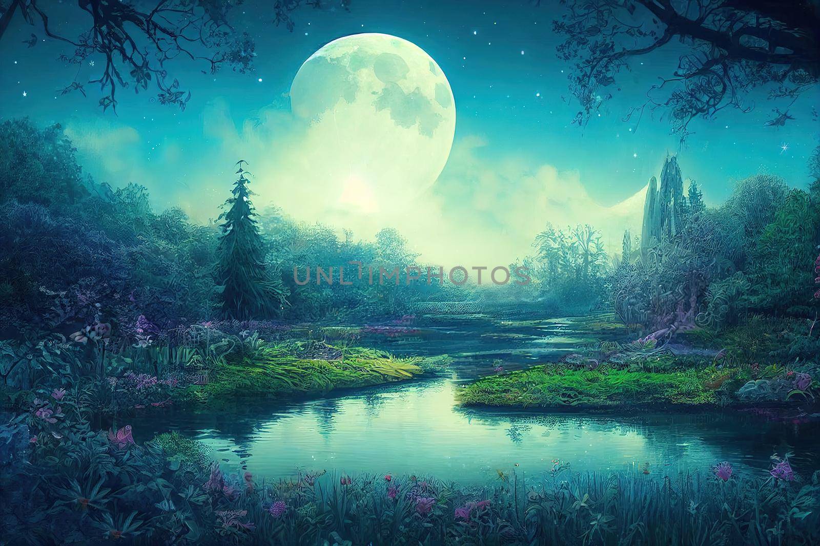 Fantasy magical enchanted fairy tale landscape with forest lake, fabulous fairytale garden. mysterious blue background and glowing moon ray in night