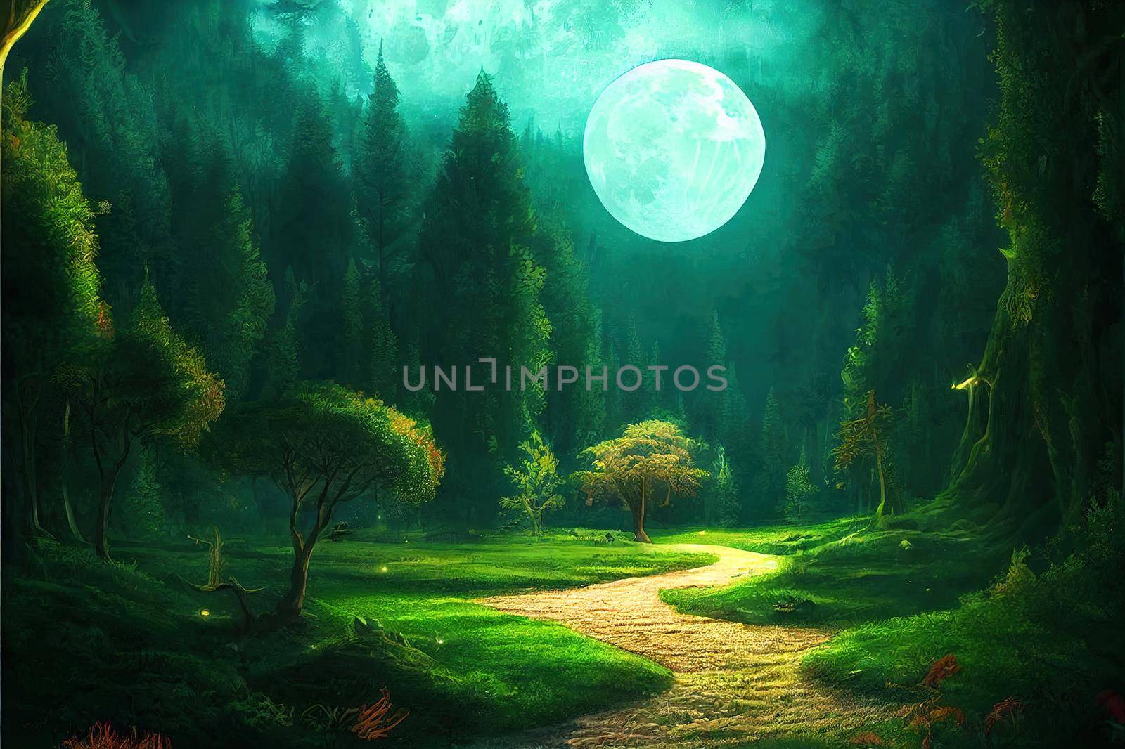 Fantasy and magical enchanted fairy tale landscape with forest, fabulous fairytale mysterious background, glowing moon ray in dark night