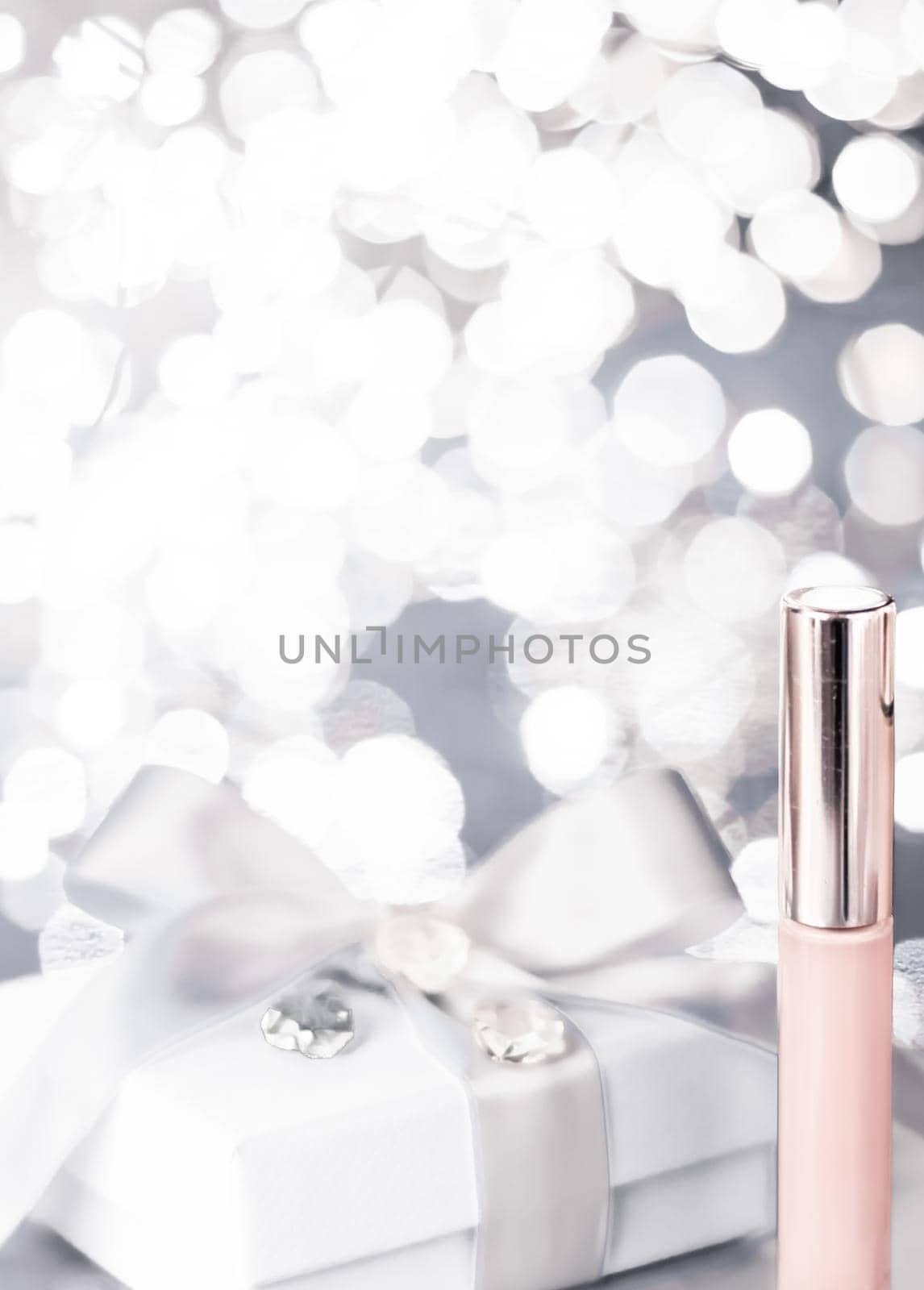 Cosmetic branding, Christmas glitter and girly blog concept - Holiday make-up foundation base, concealer and white gift box, luxury cosmetics present and blank label products for beauty brand design