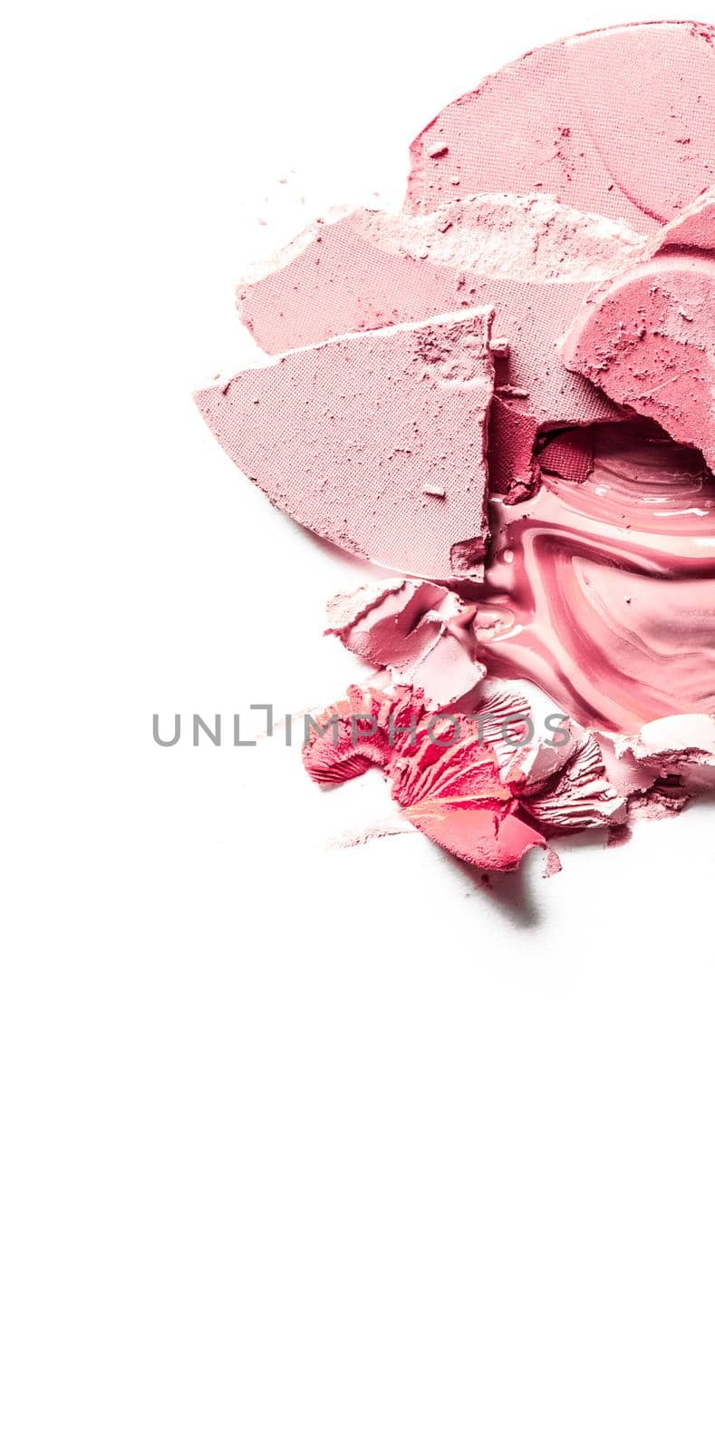 Beauty texture, cosmetic product and art of make-up concept - Crushed eyeshadow, powder and liquid foundation close-up isolated on white background