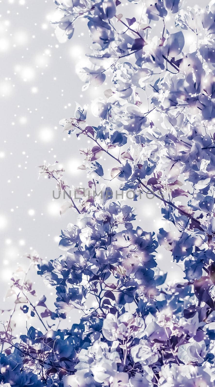 Magical, branding and festive concept - Christmas, New Years purple floral nature background, holiday card design, flower tree and snow glitter as winter season sale backdrop for luxury beauty brand