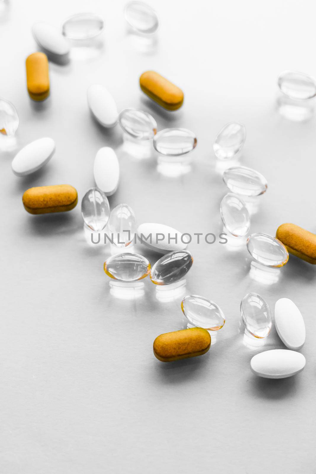 Pharma, branding and lab concept - Pills and capsules for diet nutrition, anti-aging beauty supplements, probiotic drugs, pill vitamins as medicine and healthcare cosmetics, pharmacy brand background