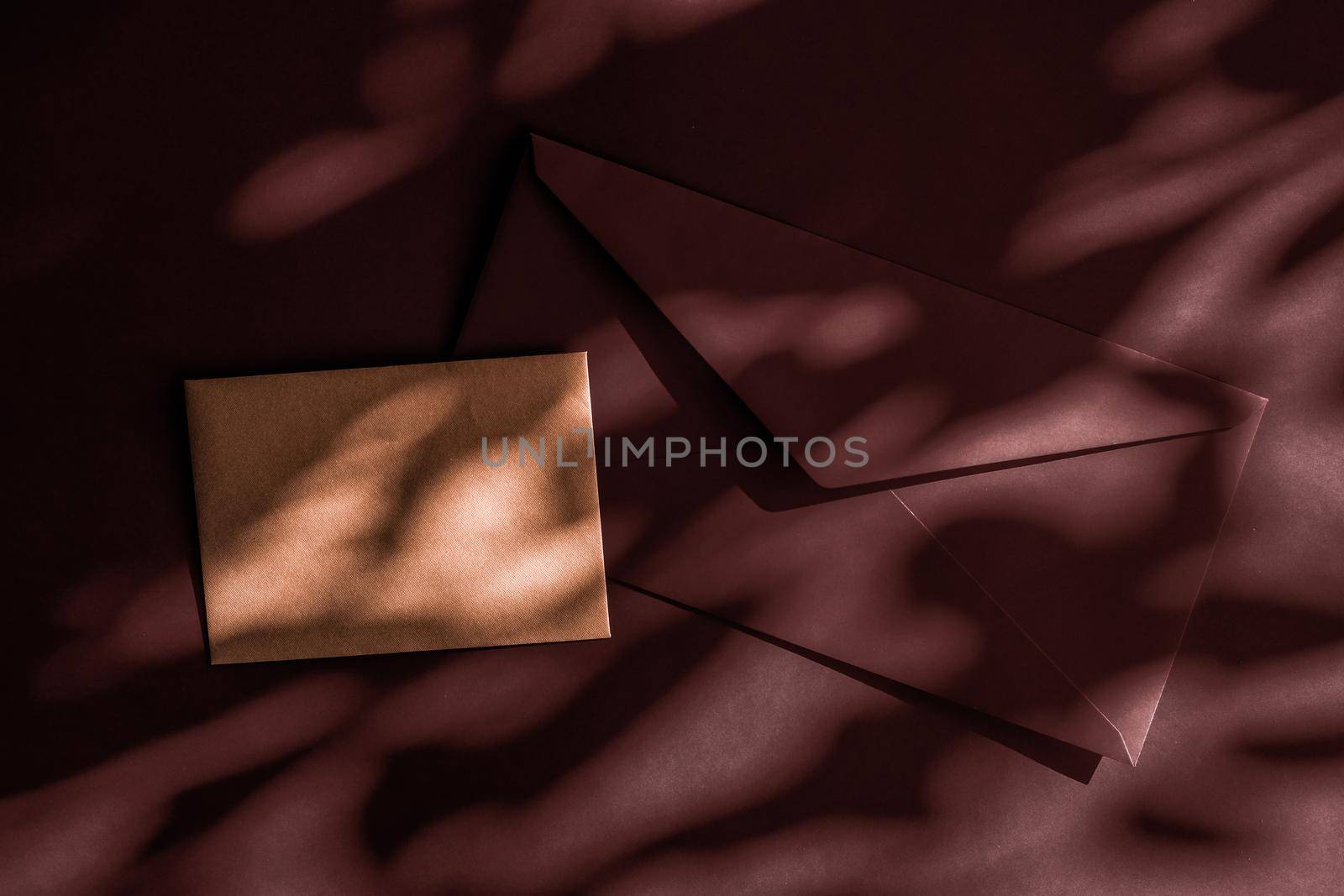 Holiday marketing, business kit and email newsletter concept - Beauty brand identity as flatlay mockup design, business card and letter for online luxury branding on chocolate shadow background