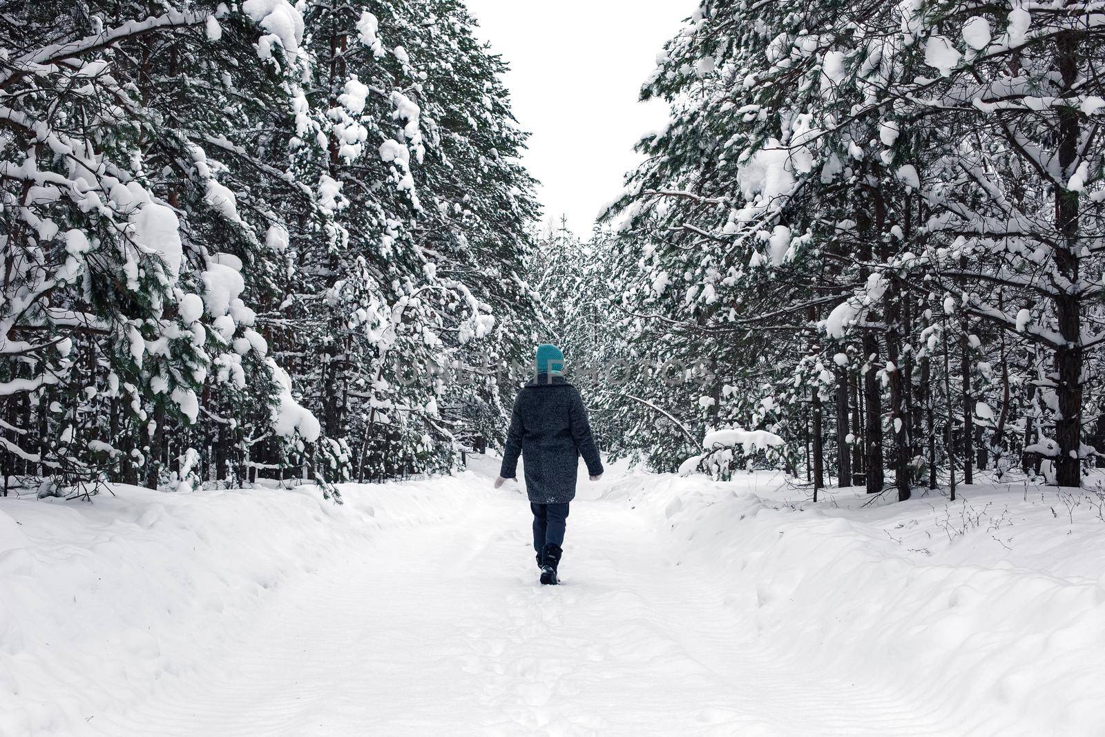 A lonely girl walks through a beautiful winter snowy forest, enjoys being alone. Back view