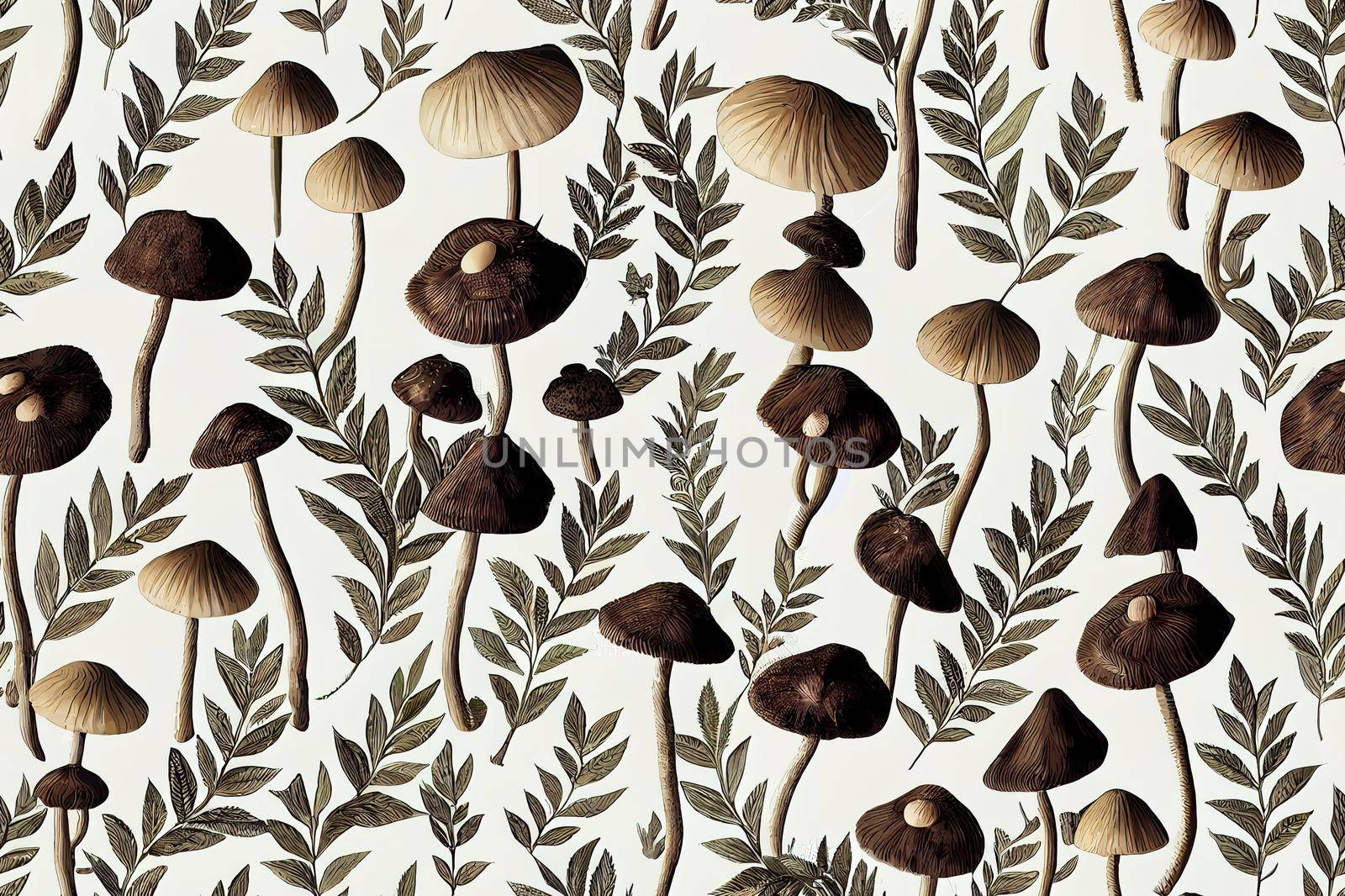 Seamless pattern of forest elements. Mushrooms, leaves and branches. High quality illustration