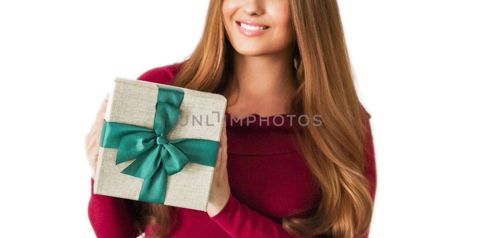 Birthday, Christmas or holiday present, happy woman holding a green gift or luxury beauty box subscription delivery isolated on white background, portrait