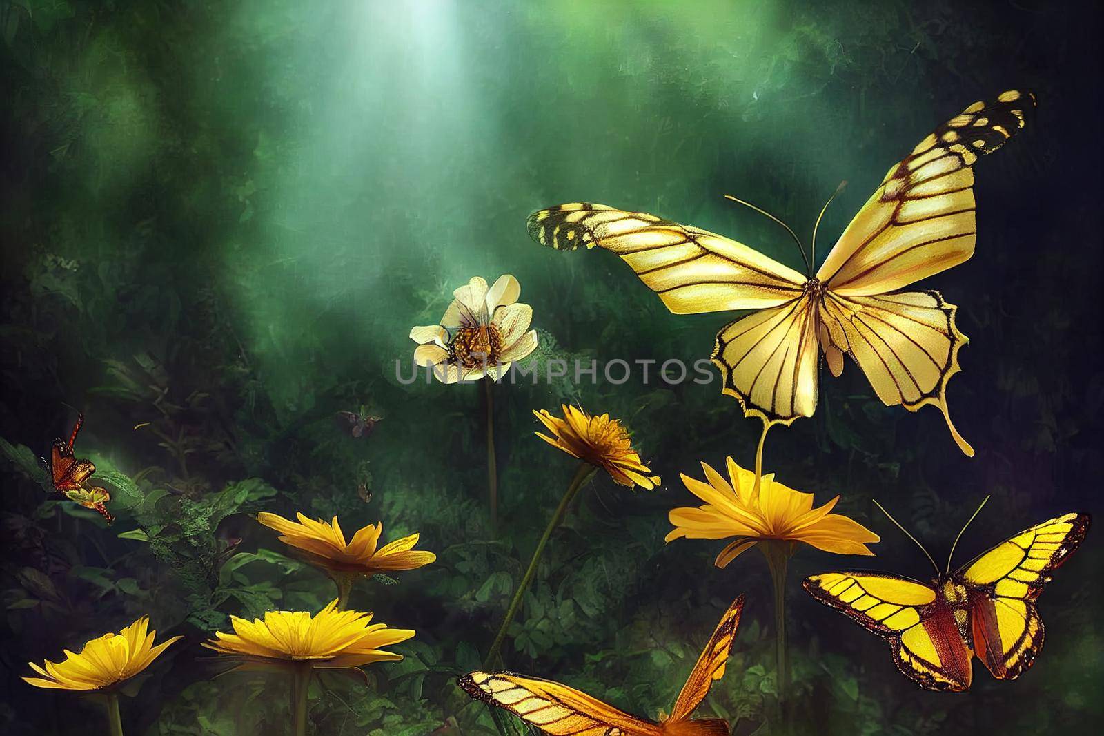 Butterfly sitting on yellow ficaria Flower in Fantasy magical garden in enchanted fairy tale dreamy Forest, fairytale glade on mysterious background, elven magic woods in darkness with rays of light.