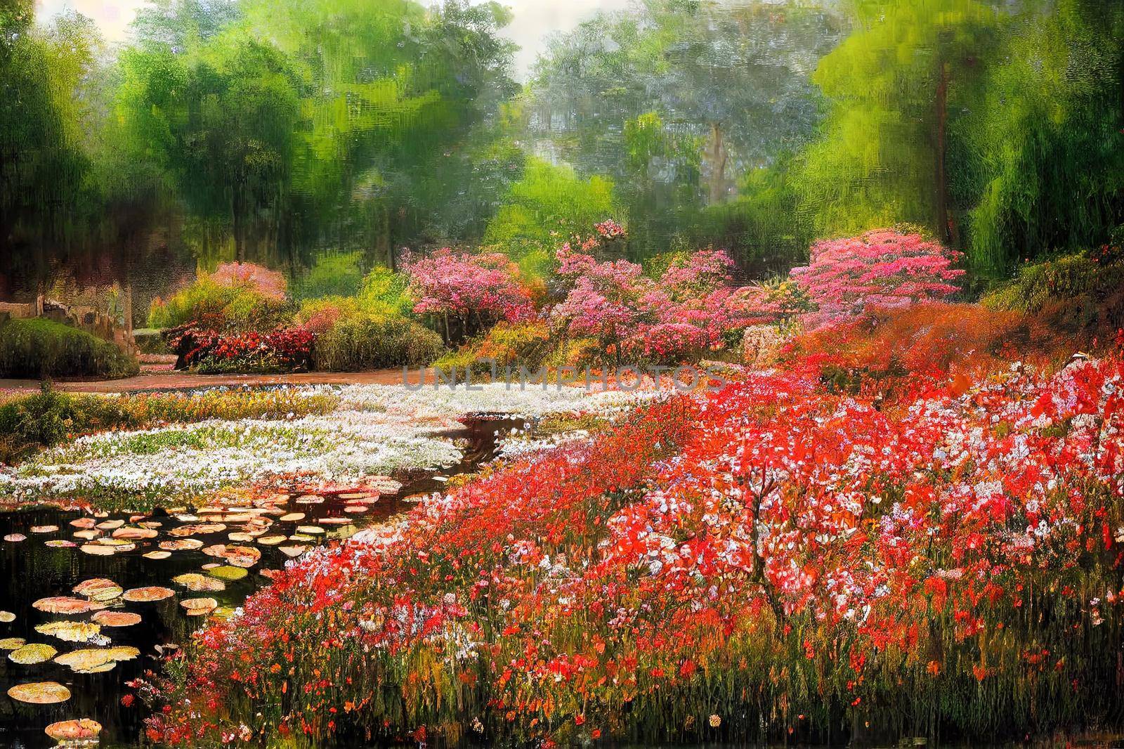 Enchantingly beautiful park garden Sigurta. Shallow pond, weeping willow and a flowerbed of red flowers