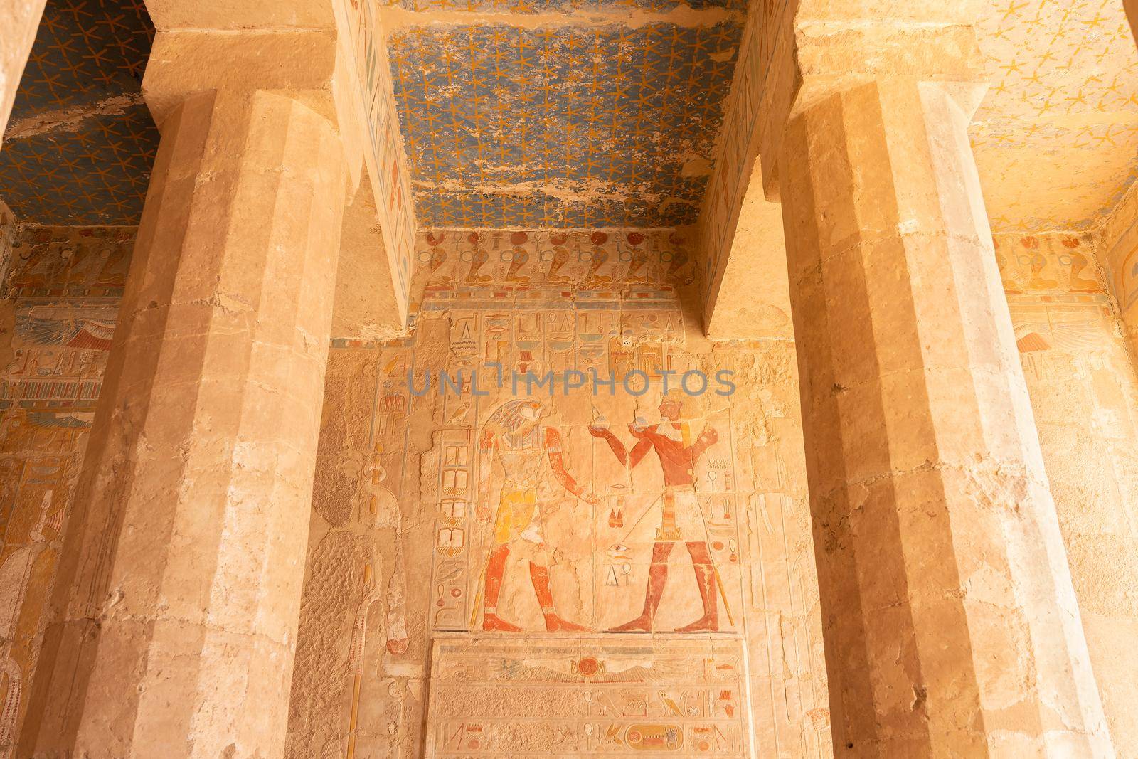 Columns and wall with hieroglyphs in the Temple of Hatshepsut