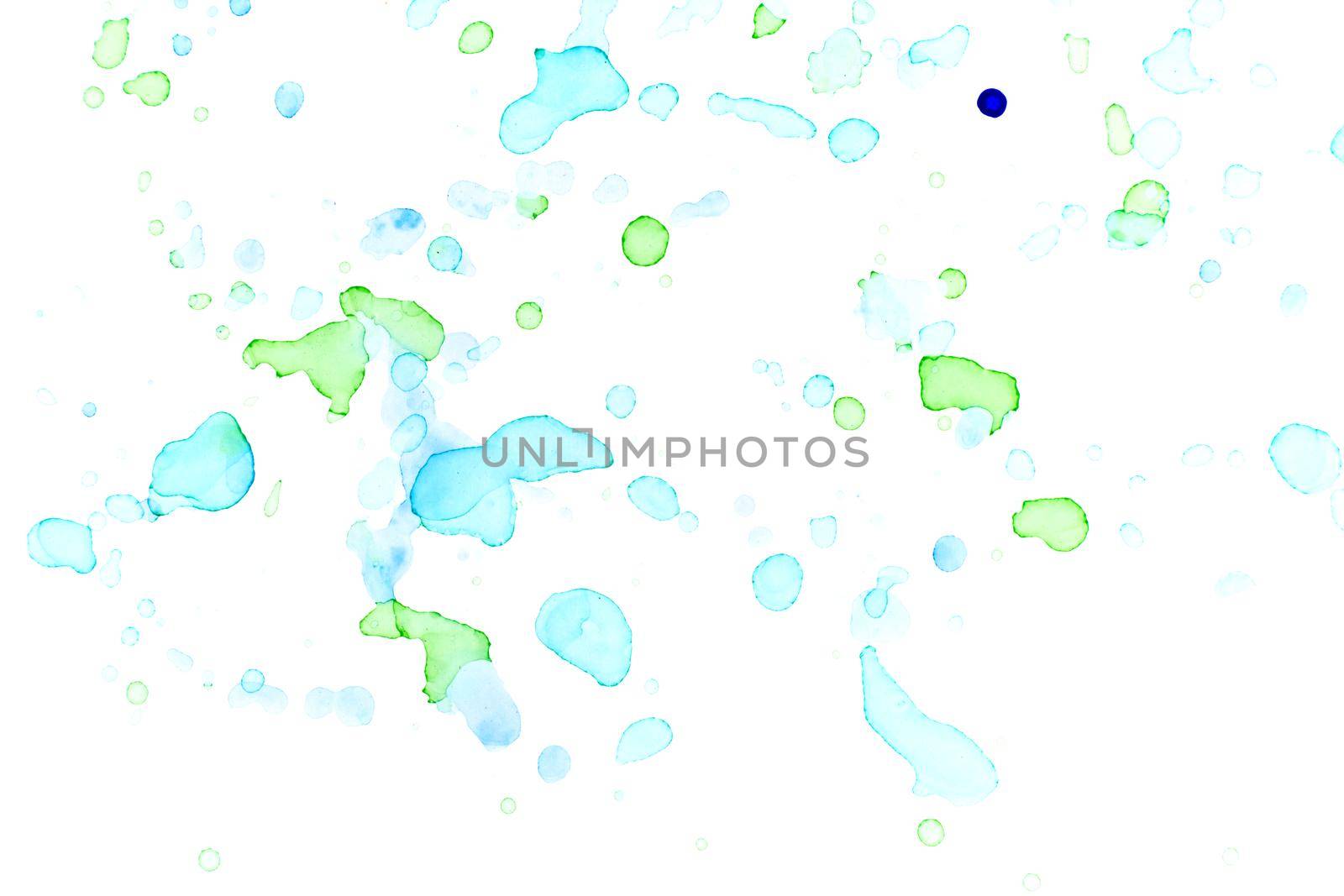 Abstract watercolor light blue and green drops and blobs background