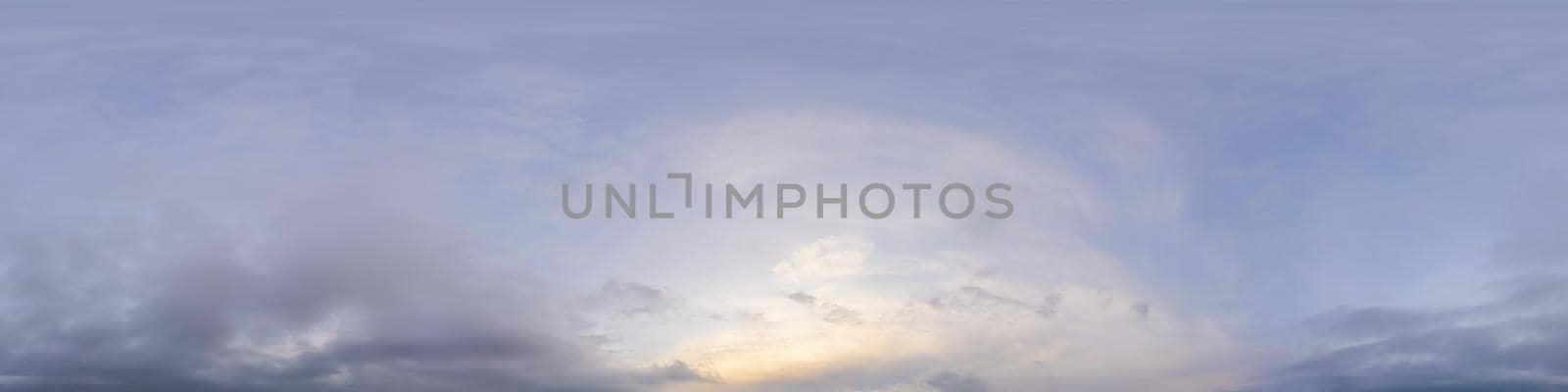 Sky panorama on overcast rainy day with low clouds in seamless spherical equirectangular format. Complete zenith for use in 3D graphics, game and for aerial drone 360 degree panorama as a sky dome.