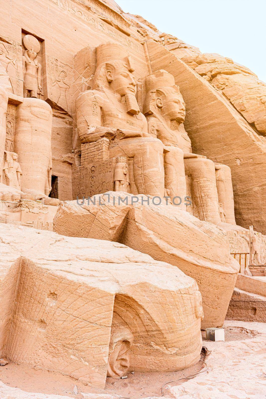 Profile photo of the entrance and some ruins of the Ramses II temple in Abu Simbel in Egypt