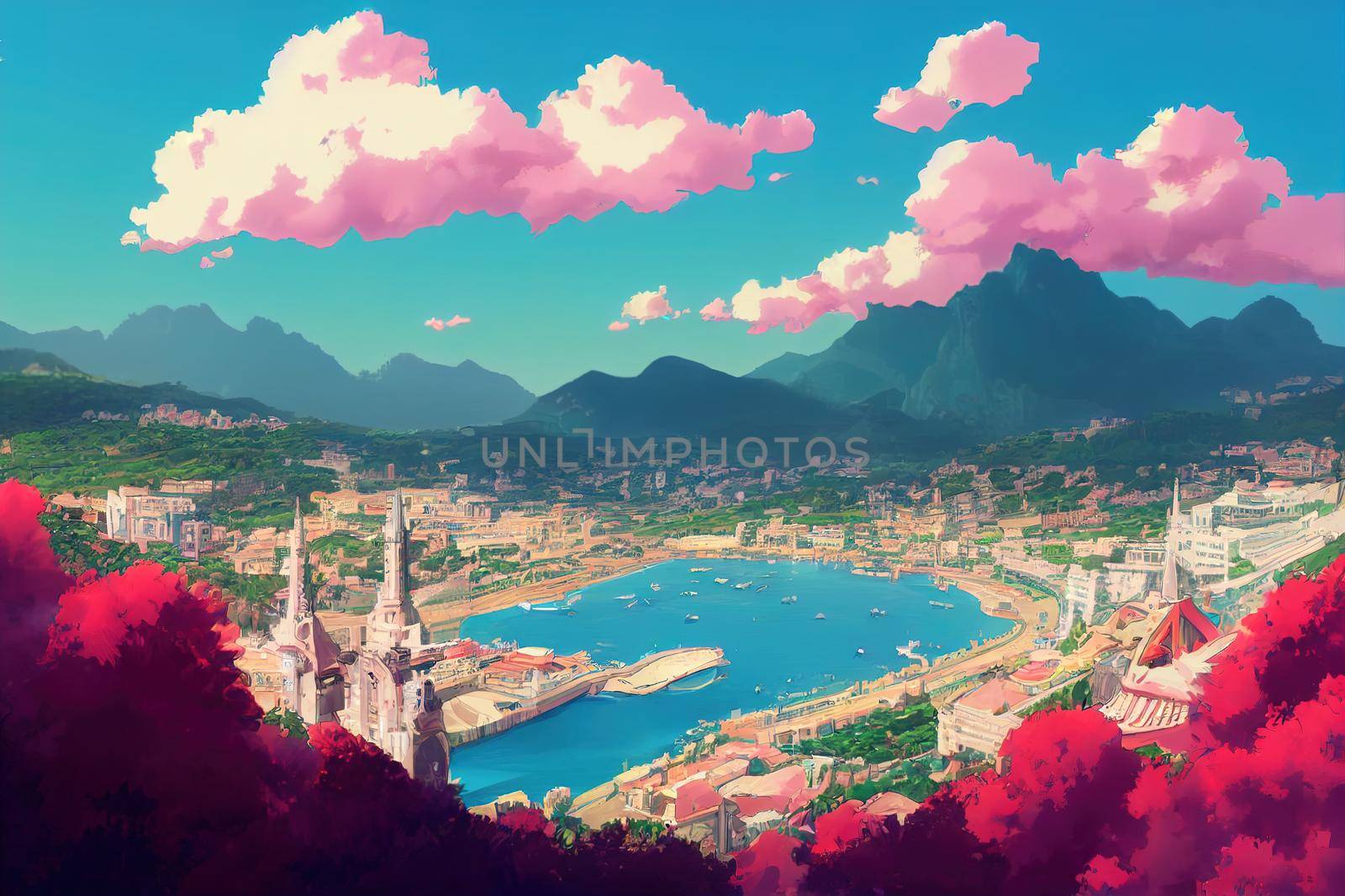 Monacoanime style 2d background illustration cartoonish style, high quality illustration