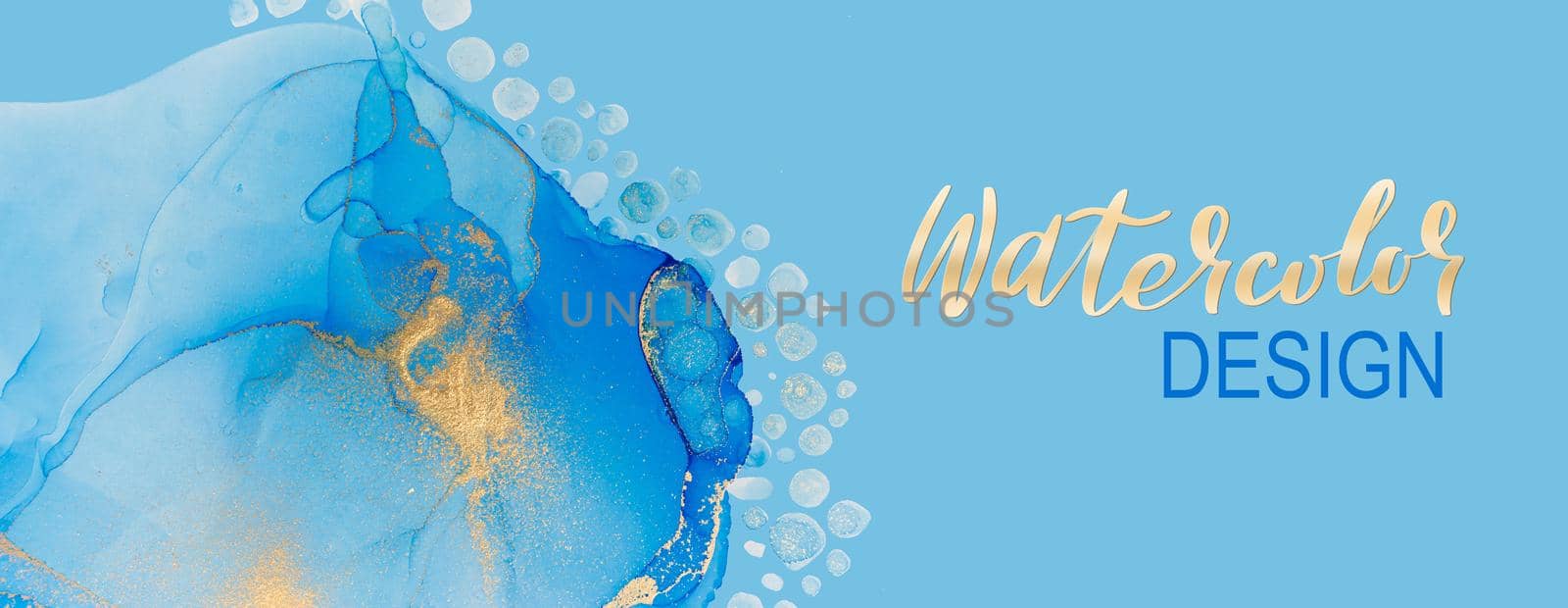 Abstract blue watercolor pattern with drops, blobs and golden parts by AnaBabii