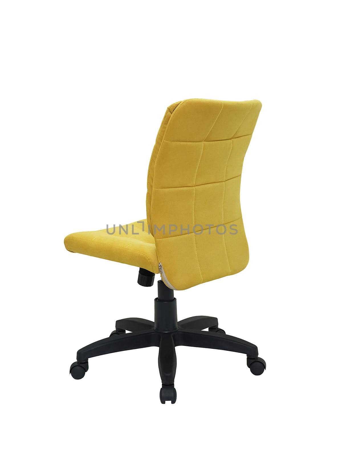 yellow office fabric armchair on wheels isolated on white background, back view. modern furniture, interior, home design