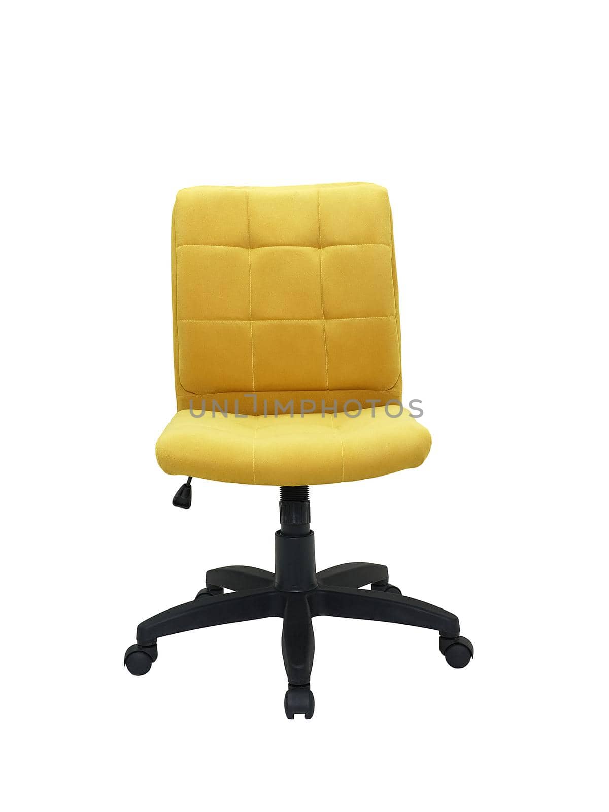 yellow office fabric armchair on wheels isolated on white background, front view. modern furniture, interior, home design