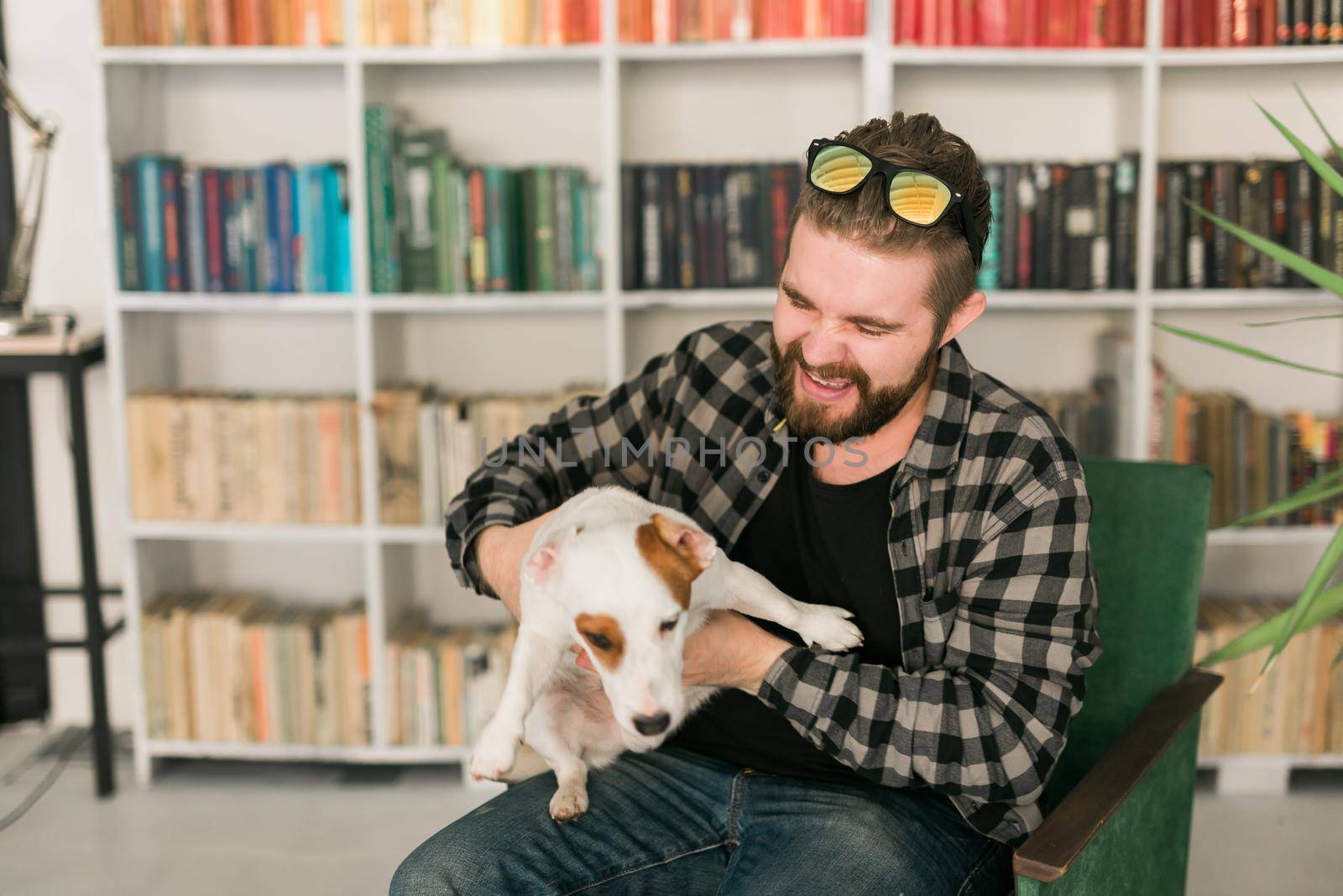 Happy male owner of jack russell terrier dog, feels responsibility of caring about pet, standing against bookshelves background. People and relationship with animals by Satura86