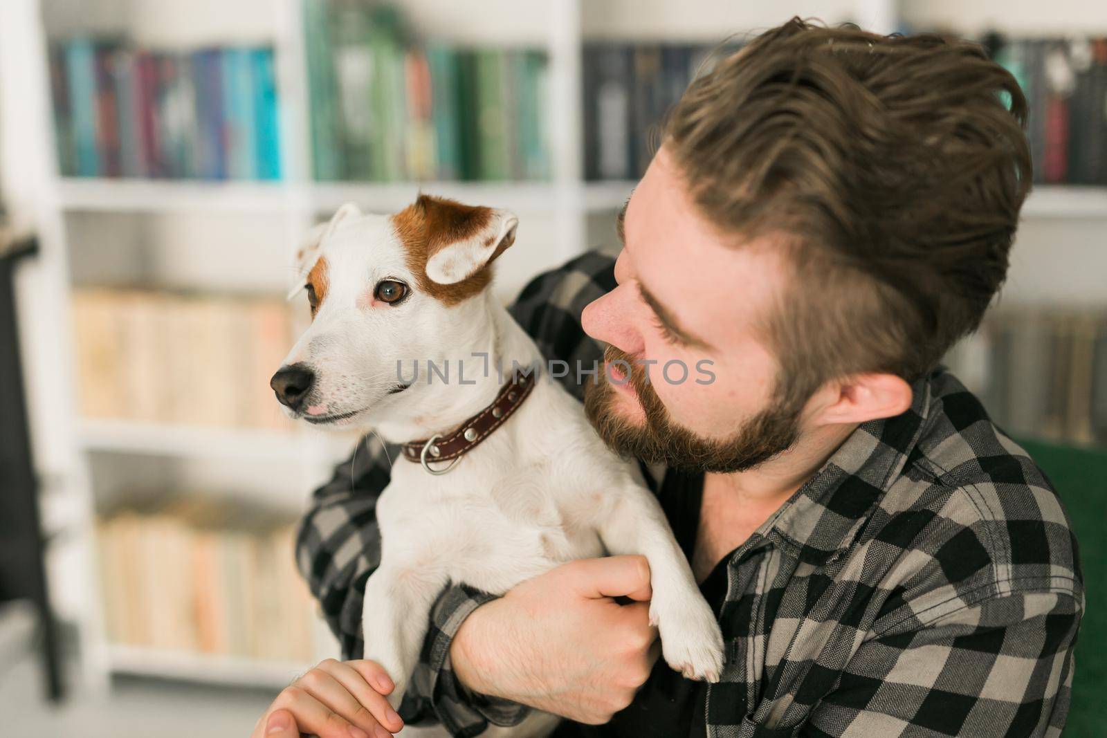 Happy male owner of jack russell terrier dog, feels responsibility of caring about pet, standing against bookshelves background. People and relationship with animals by Satura86