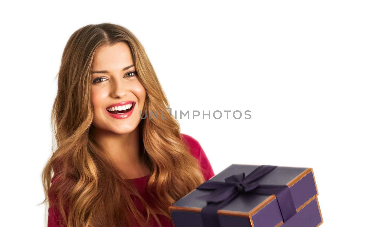 Birthday, Christmas or holiday present, happy woman holding a purple gift or luxury beauty box subscription delivery isolated on white background by Anneleven