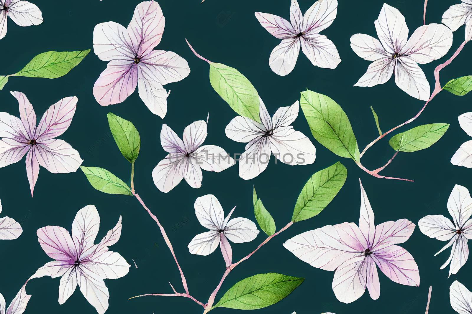 Seamless pattern of small wild pink and violet flowers and branches on a deep green background. Watercolor 5