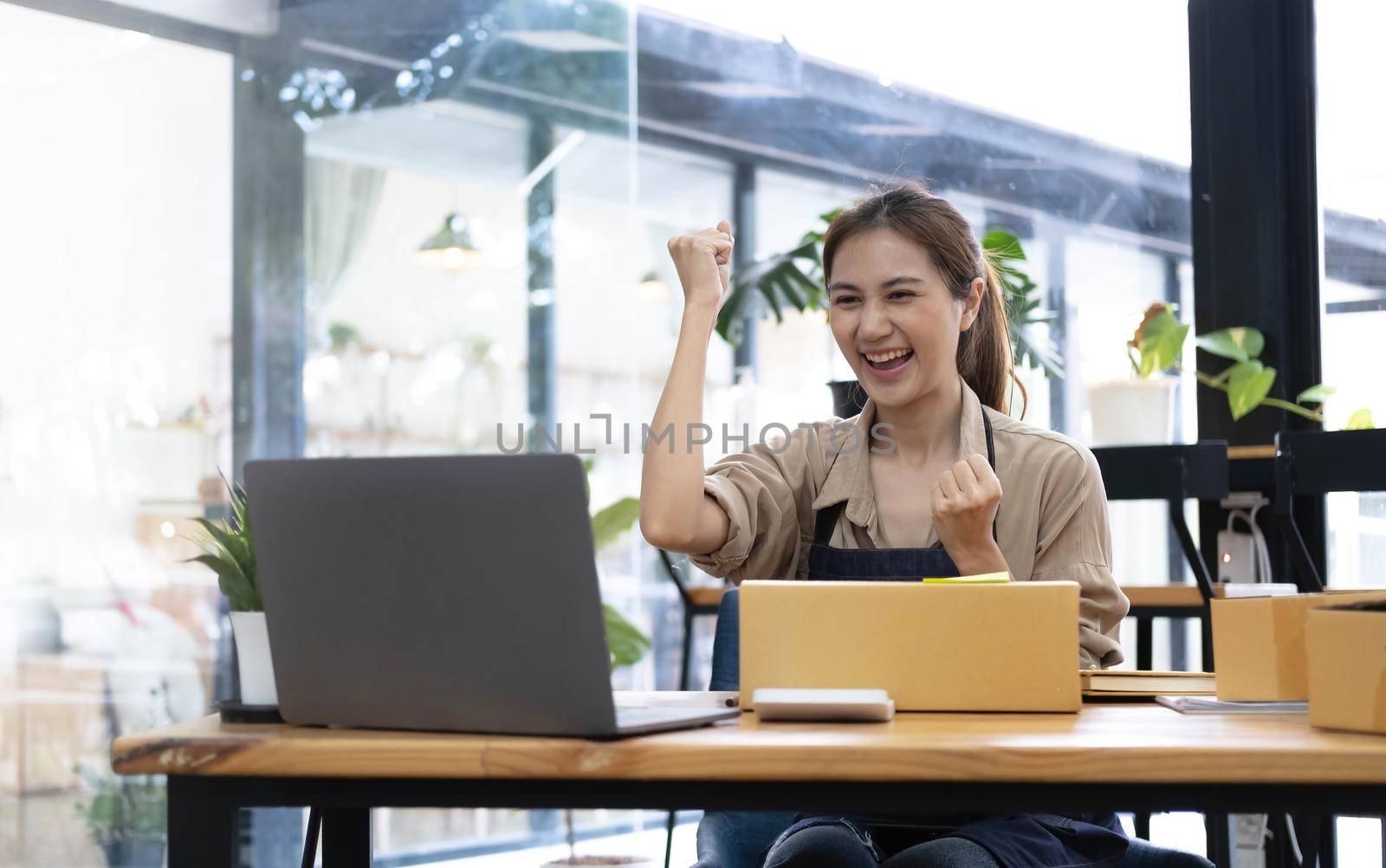 Happy young Asian woman entrepreneur, Smile for sales success after checking order from online shopping store at home office, Concept of merchant business online and eCommerce.