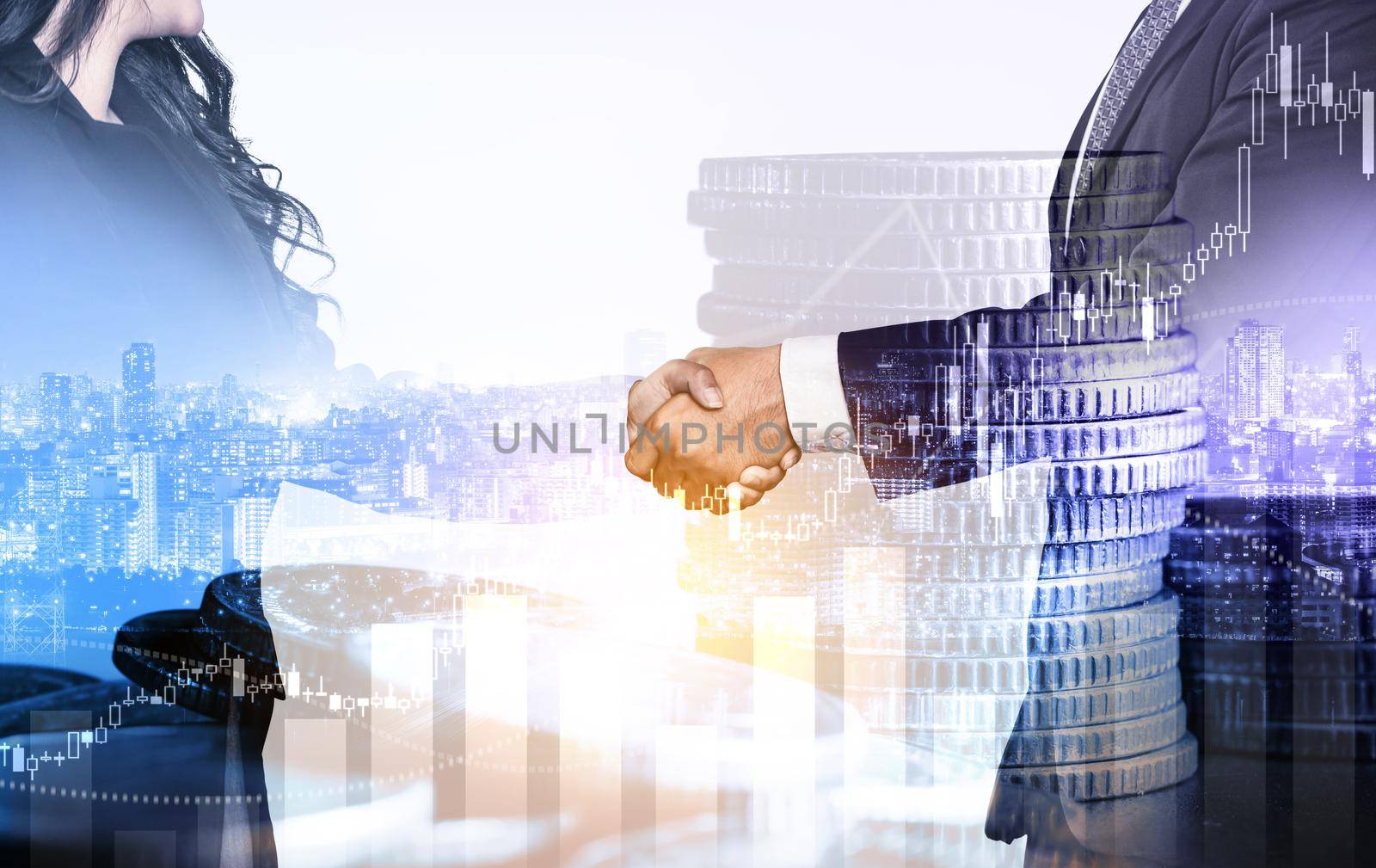 Business handshake on finance prosperity and money technology asset background . Economy and financial growth by investment in valuable stock market to gain wealth profit form currency trading