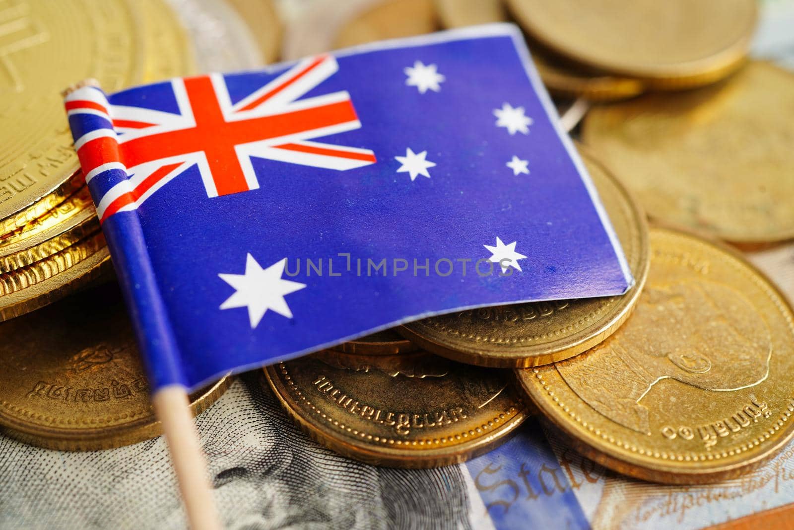 Stack of coins money with Australia flag, finance banking concept